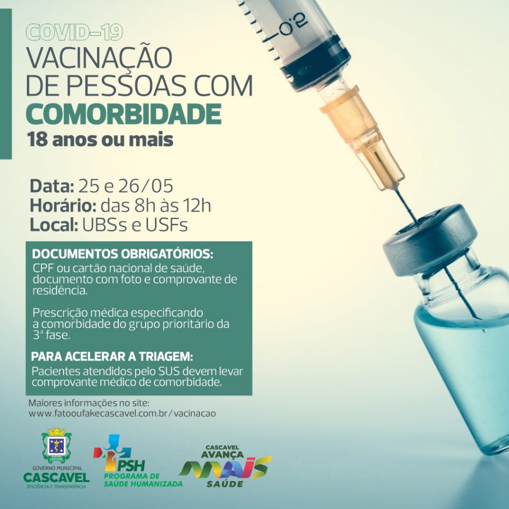 Covid-19: vacinações para pessoas com comorbidades e acima de 18 anos serão realizadas nesta terça (25) e quarta-feira (26)