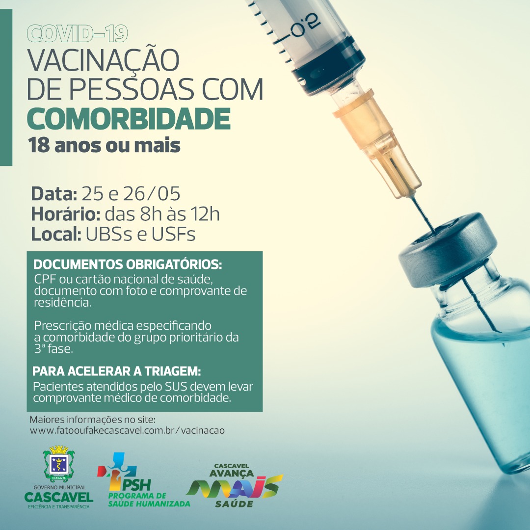 Covid-19: vacinações para pessoas com comorbidades e acima de 18 anos serão realizadas nesta terça (25) e quarta-feira (26) Imagem referente a Covid-19: vacinações para pessoas com comorbidades e acima de 18 anos serão realizadas nesta terça (25) e quarta-feira (26)