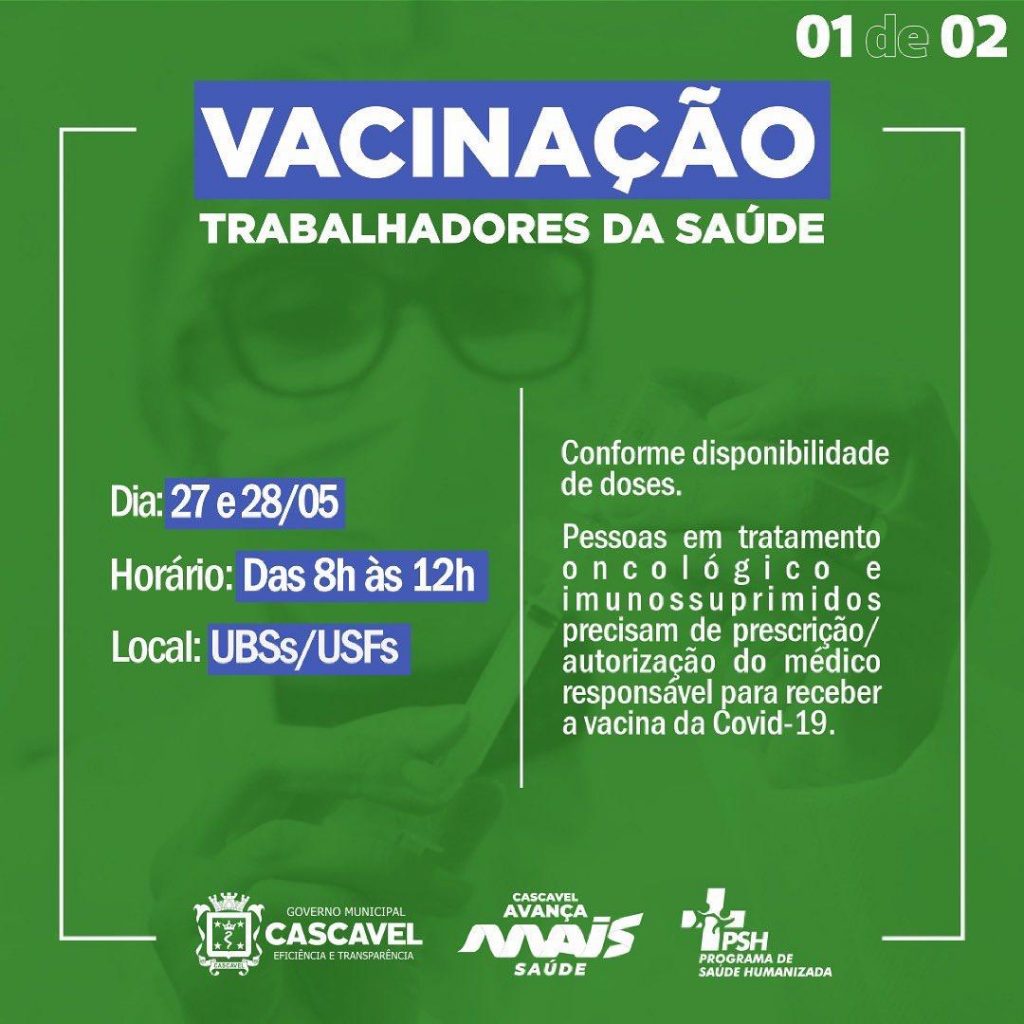 Covid-19: trabalhadores da saúde receberão vacina nesta quinta e sexta-feira, das 8h às 12h, nas UBS e USF