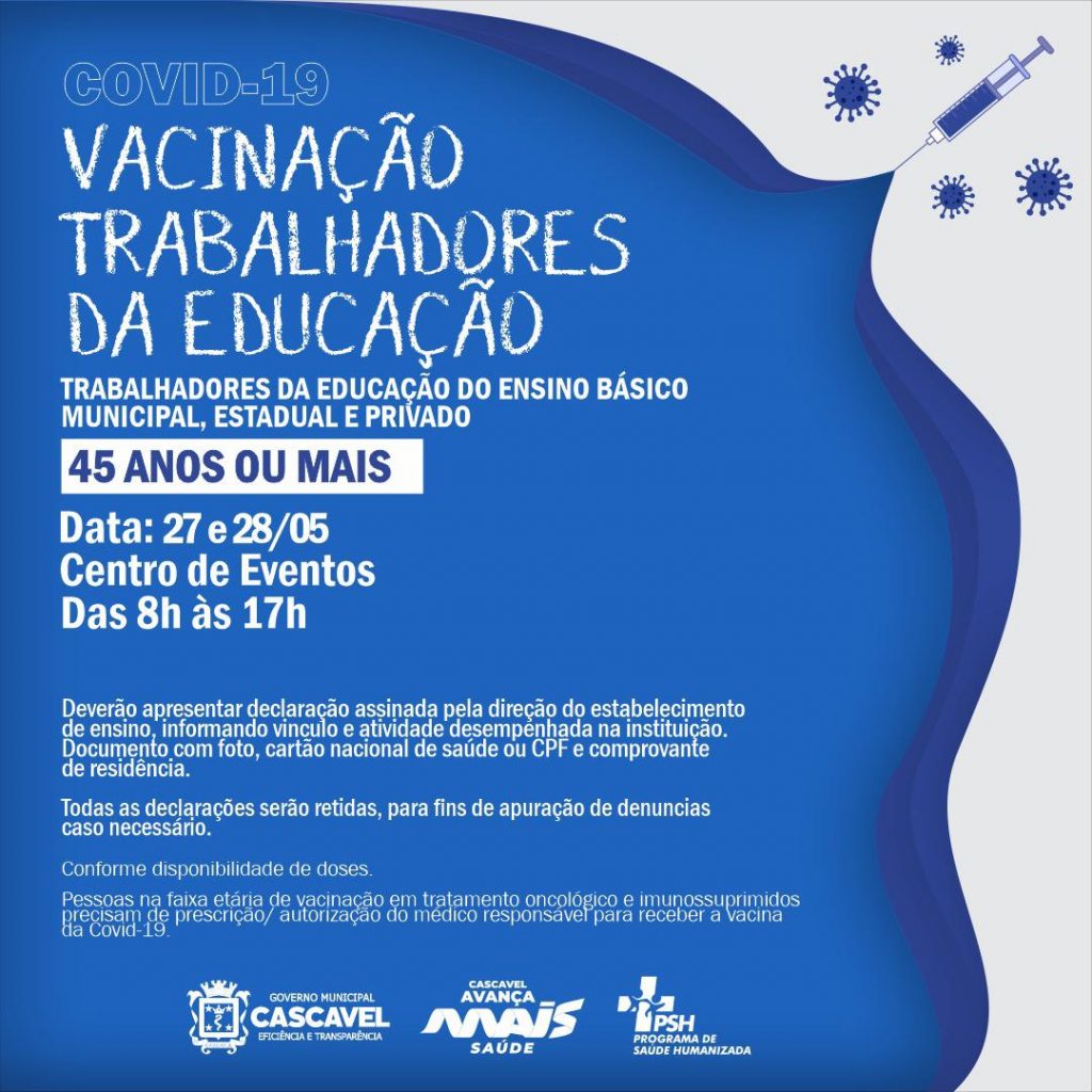 Covid-19: vacinação de trabalhadores da educação será realizada no Centro de Eventos, nesta quinta e sexta-feira