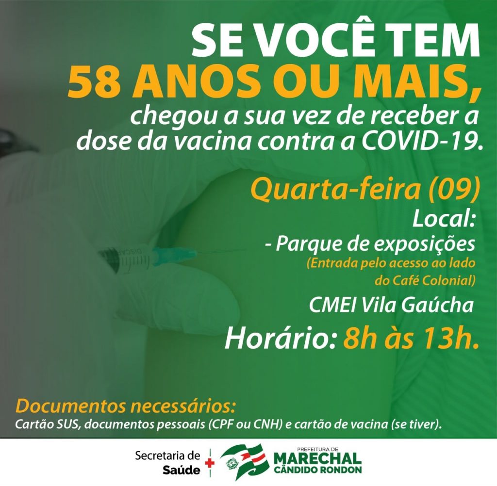 Marechal Rondon imuniza pessoas com 58 ou mais contra a Covid-19 nesta quarta-feira