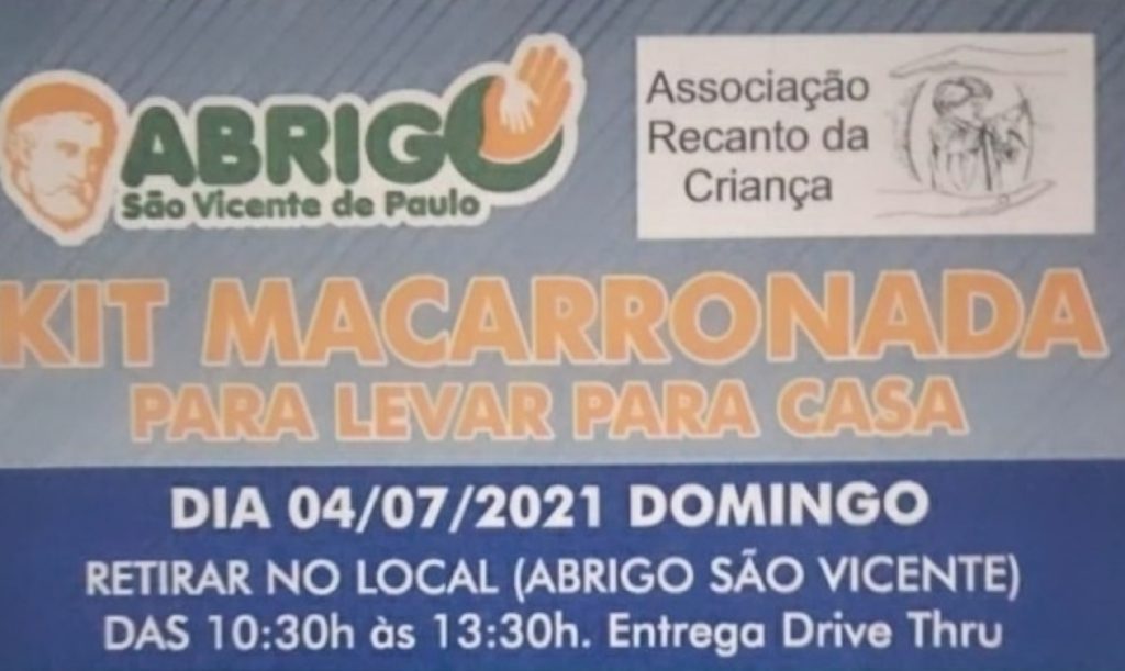 Abrigo São Vicente de Paulo realiza macarronada com galeto no dia 04 de julho; Retirada será por drive-thru