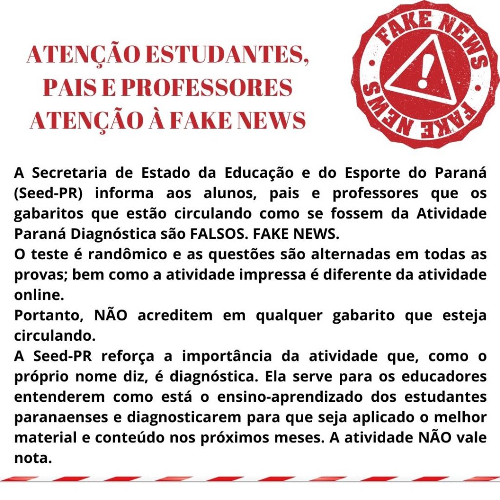 Gabaritos falsos da Atividade Diagnóstica Paraná estão circulando na internet