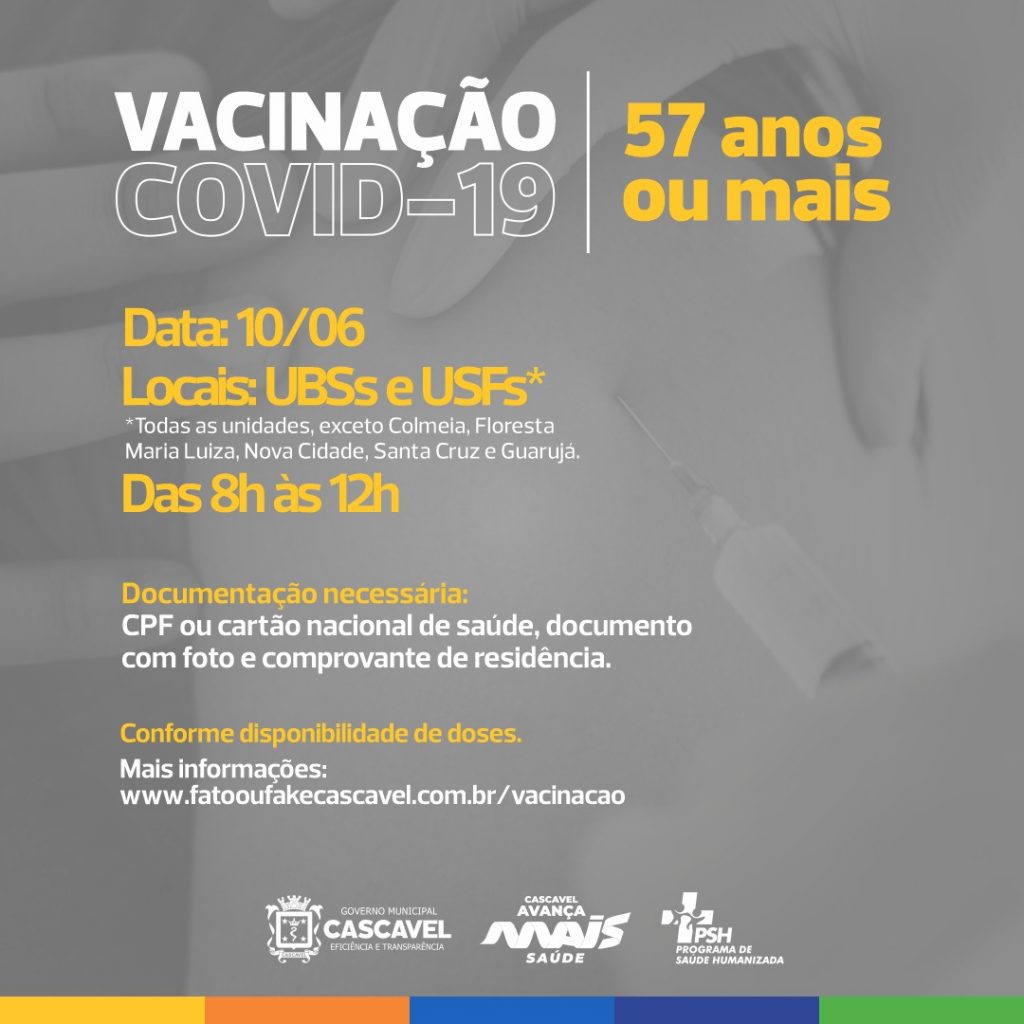 Cascavel amplia vacinação contra a Covid-19 para pessoas com 57 anos completos ou mais