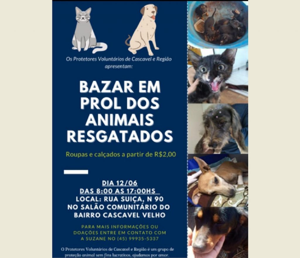Bazar em prol de animais resgatados será realizado amanhã no salão comunitário do Cascavel Velho