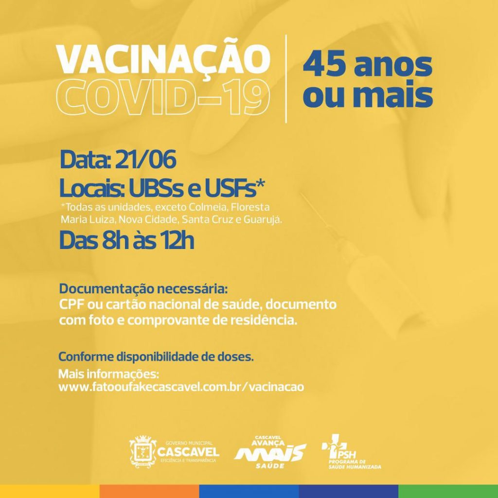 Pessoas com 45 anos ou mais receberão vacina contra a Covid nesta segunda-feira (21)