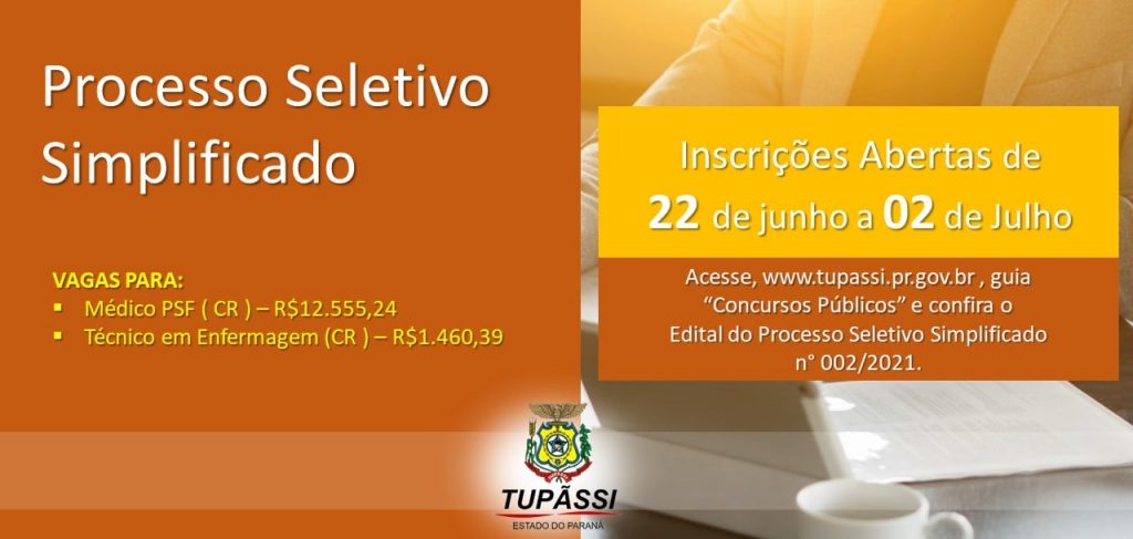 Processo Seletivo Simplificado para contratação de profissionais da saúde é aberto em Tupãssi
