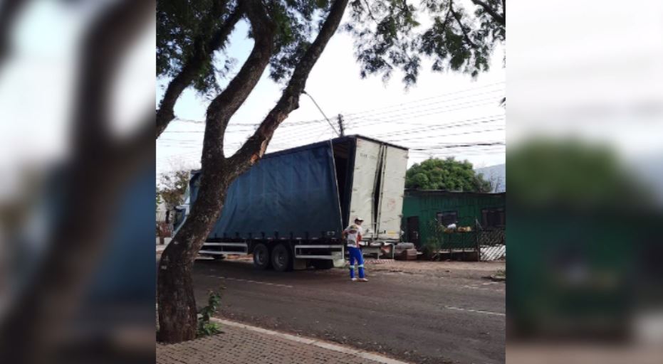 Caminhão baú fica danificado após colidir em árvore no Bairro Cancelli Imagem referente a Caminhão baú fica danificado após colidir em árvore no Bairro Cancelli