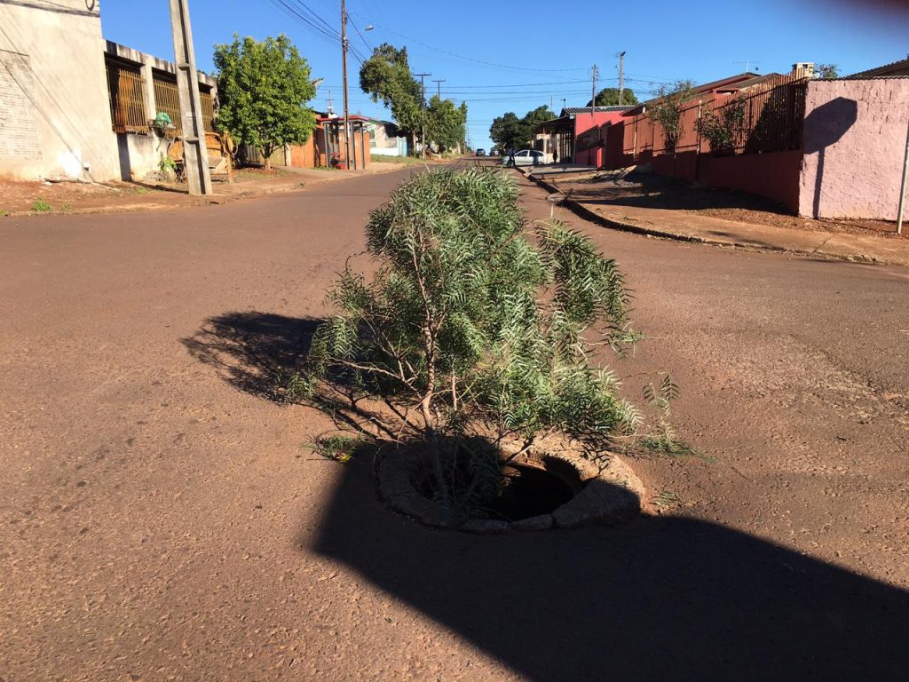 Moradores improvisam sinalização em buraco destapado na Rua Paul Ricard, no Bairro Interlagos