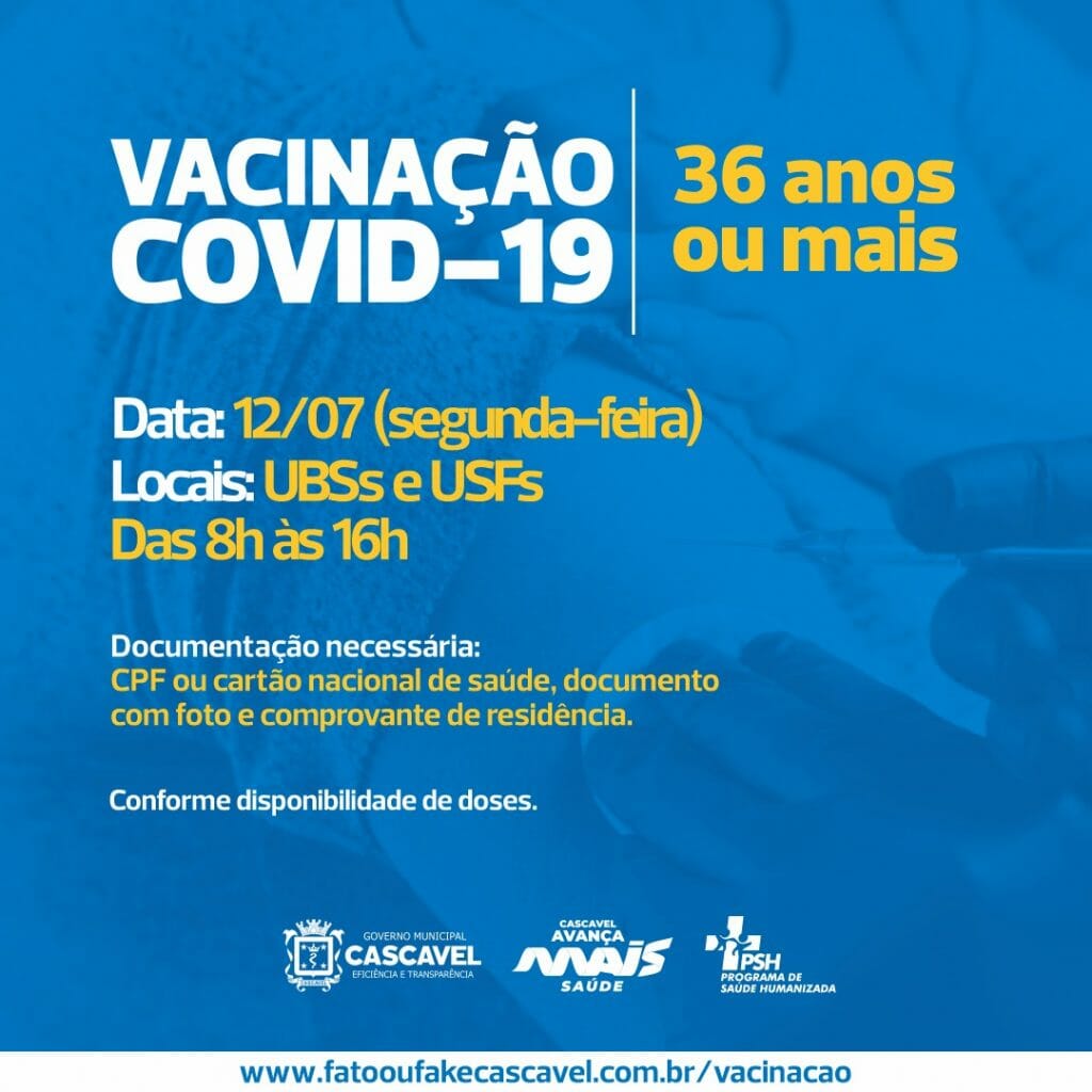 Pessoas com 36 anos ou mais receberão vacinas contra a Covid na segunda-feira (12)