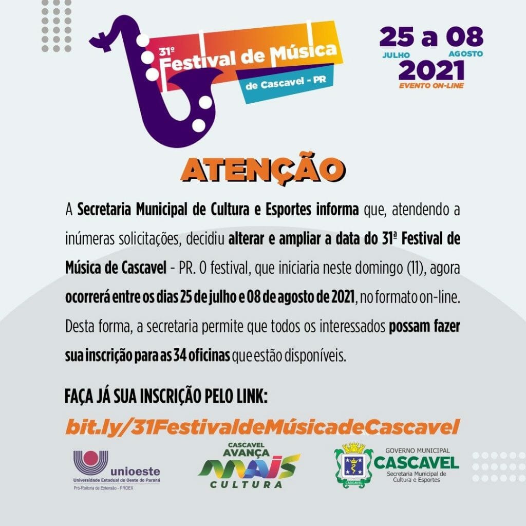 Secretaria Municipal de Cultural e Esportes altera data do Festival de Música