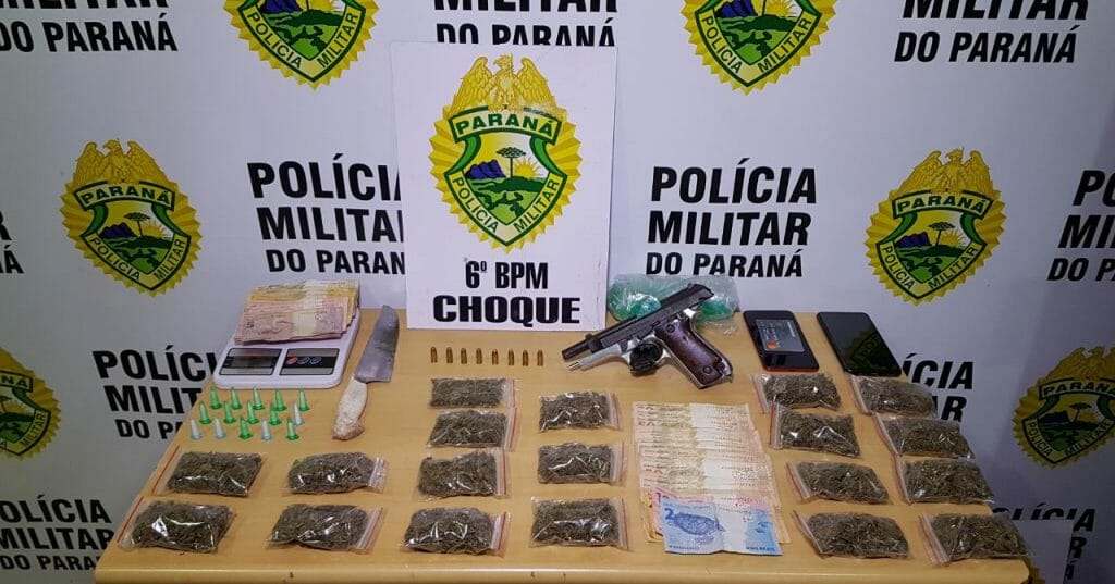 Suspeito de tráfico é preso pelo Choque com pistola e porções de maconha e cocaína em apartamento no Riviera