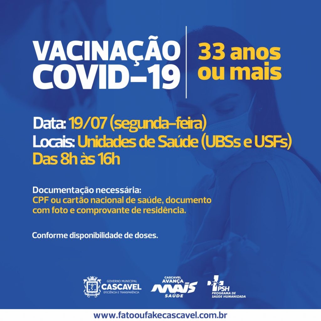 Saúde retoma a vacinação da 1ª dose na segunda-feira para pessoas com 33 anos