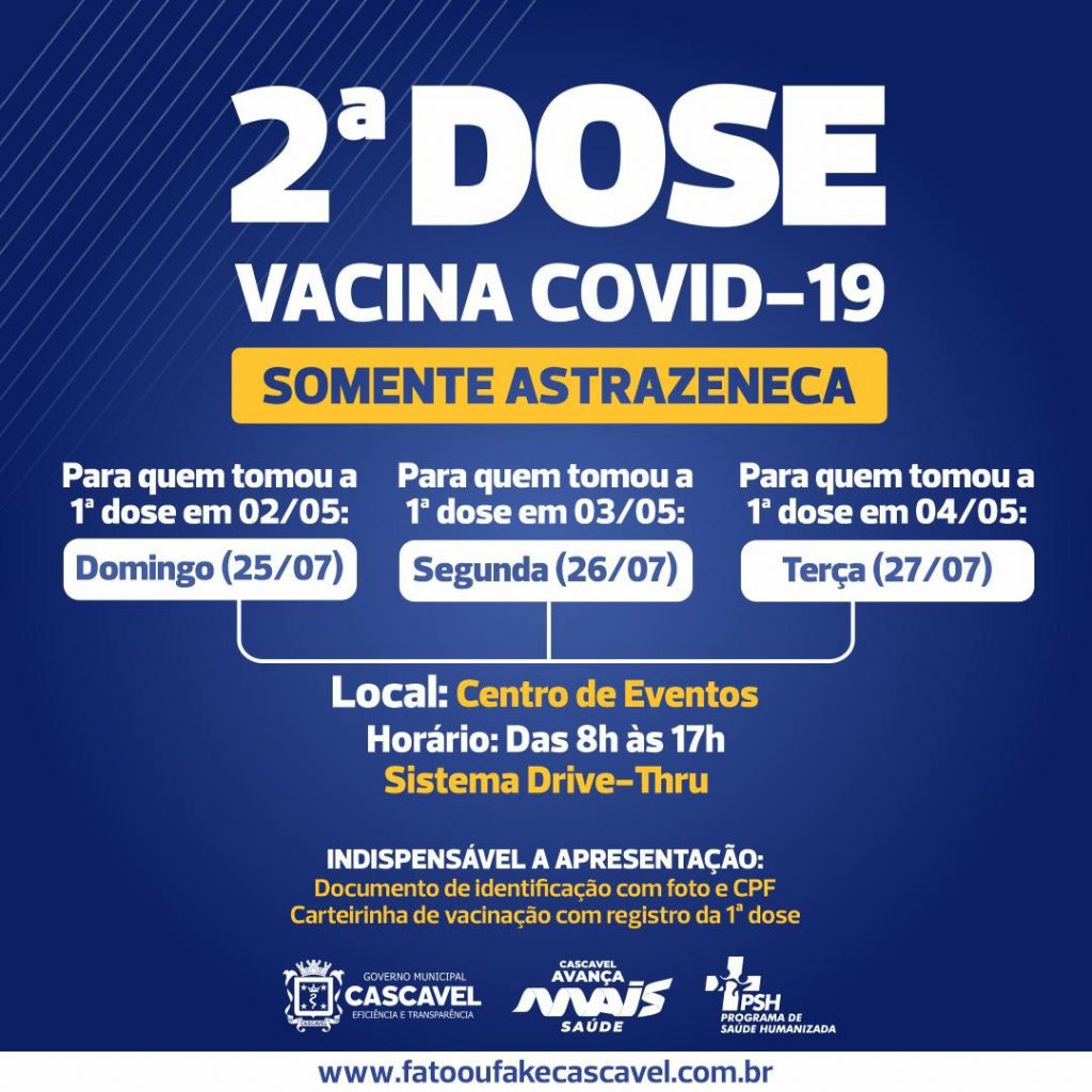 Vacinação de 2ª dose contra a Covid será realizada em algumas escolas nesta segunda-feira (26)