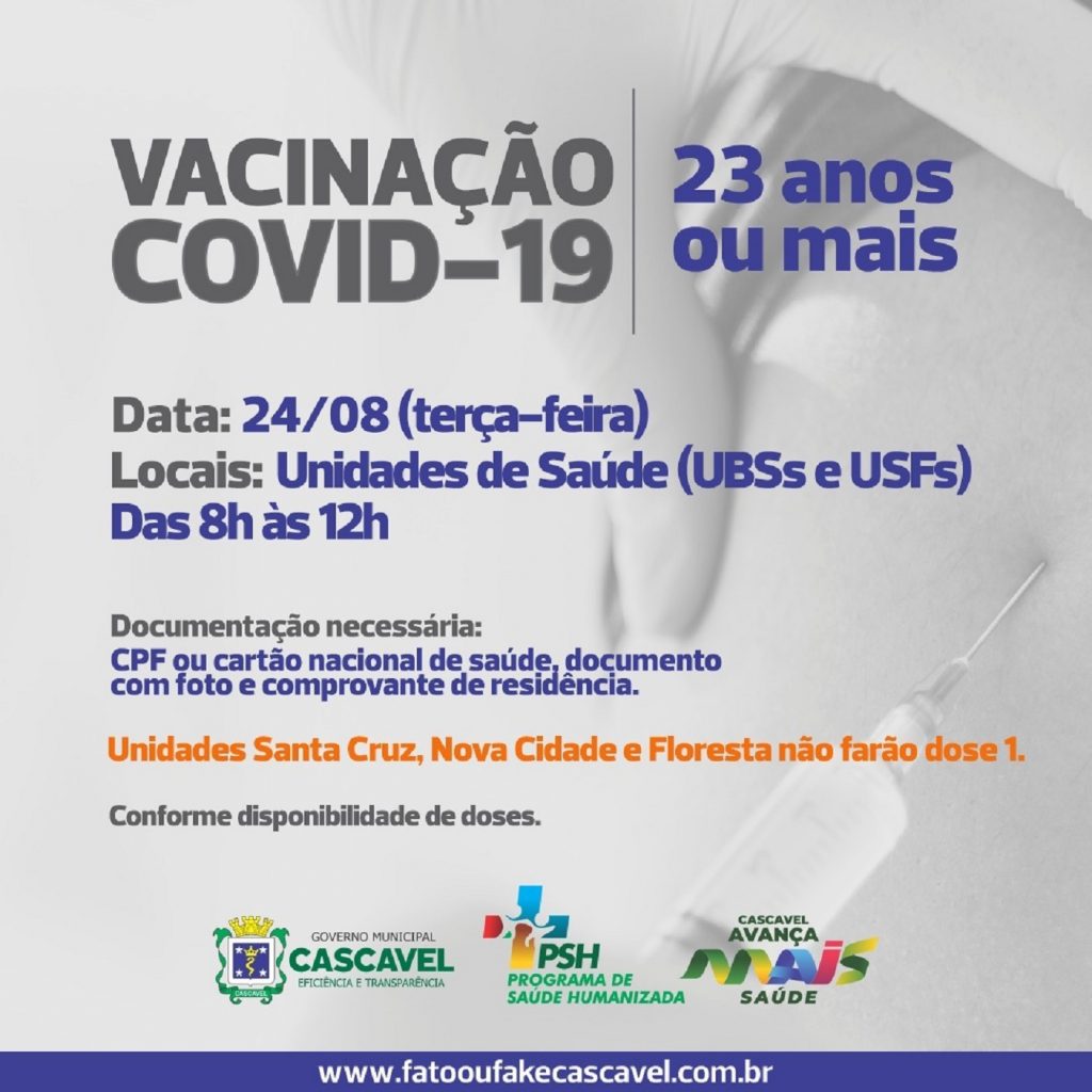 Não haverá vacinação da 1ª dose amanhã (24) nas unidades de saúde do Santa Cruz, Nova Cidade e Floresta