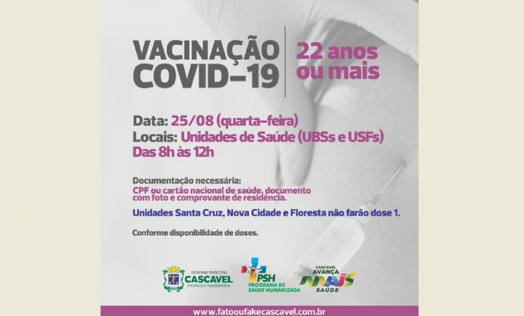 Cascavel vacina população com 22 anos ou mais nesta quarta-feira