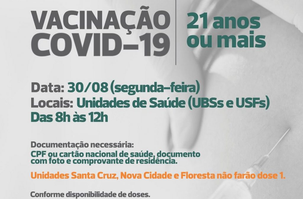 Covid-19: pessoas com 21 anos ou mais poderão ser vacinadas nesta segunda-feira (30)