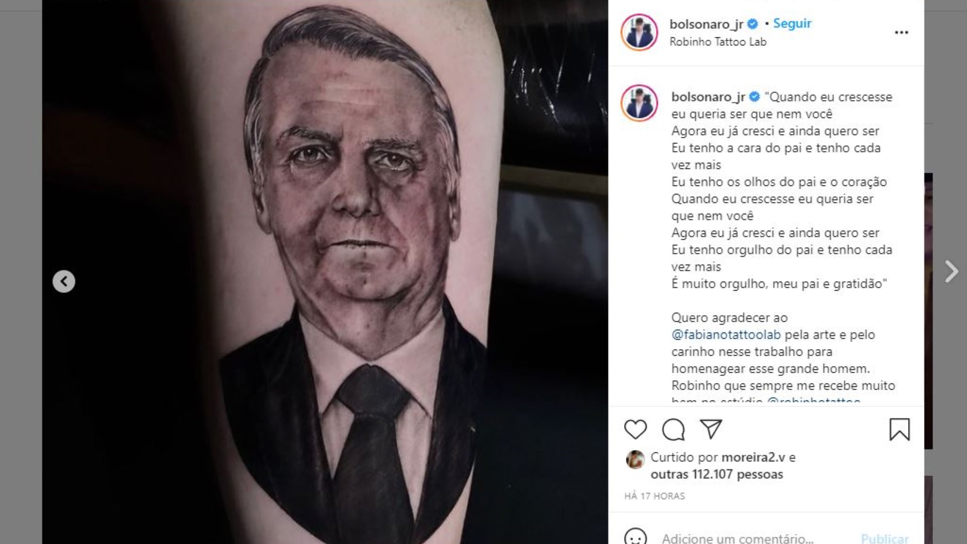 Renan, filho de Bolsonaro, tatua o rosto do pai no braço: “Eu tenho os olhos do pai e o coração” Imagem referente a Renan, filho de Bolsonaro, tatua o rosto do pai no braço: “Eu tenho os olhos do pai e o coração”