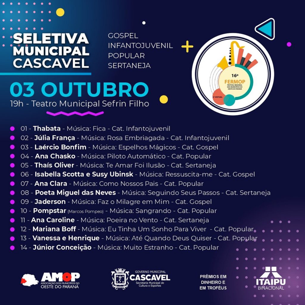 Fermop: Artistas se apresentam neste domingo (3) na seletiva municipal de Cascavel