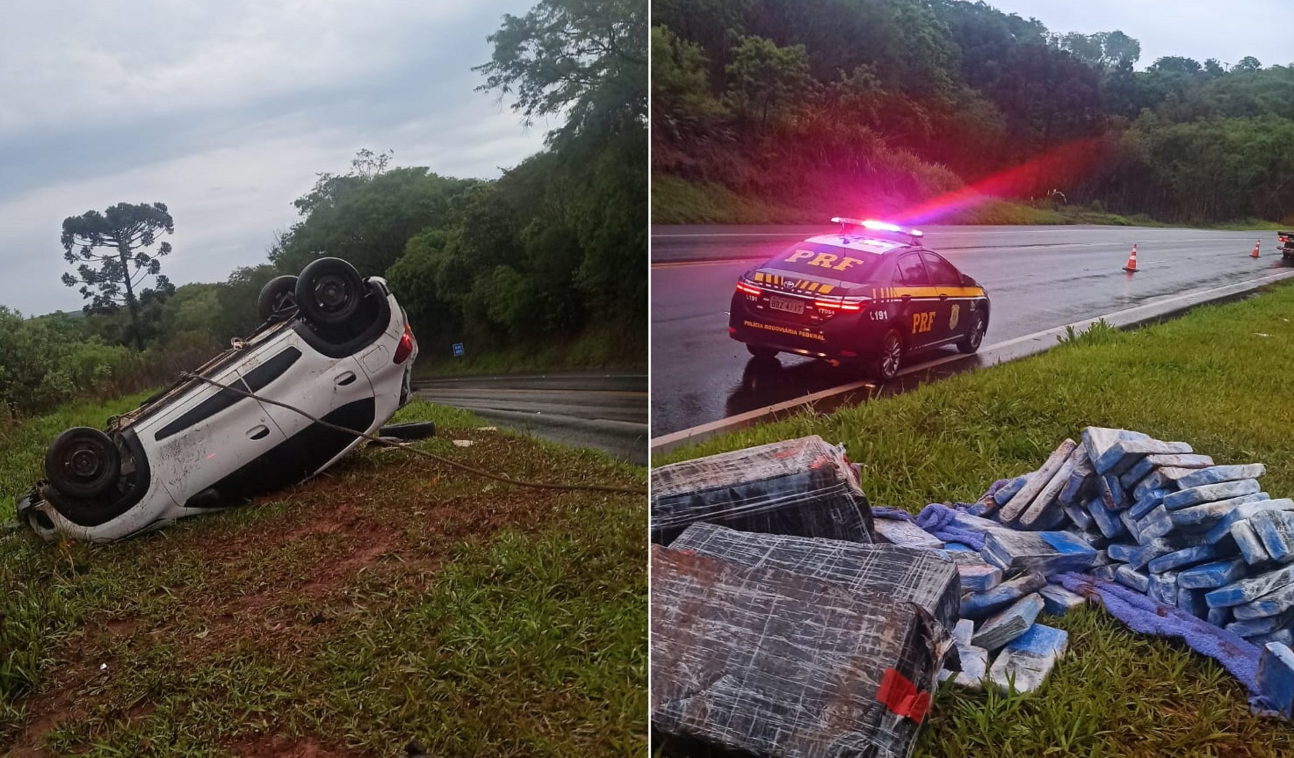 Carregado com 100 kg de maconha, motorista capota o carro na BR-277 Imagem referente a Carregado com 100 kg de maconha, motorista capota o carro na BR-277