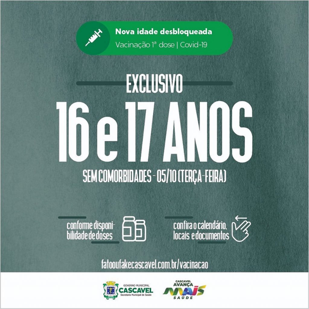 Vacinação da primeira dose nesta terça-feira será exclusiva para adolescentes de 16 e 17 anos