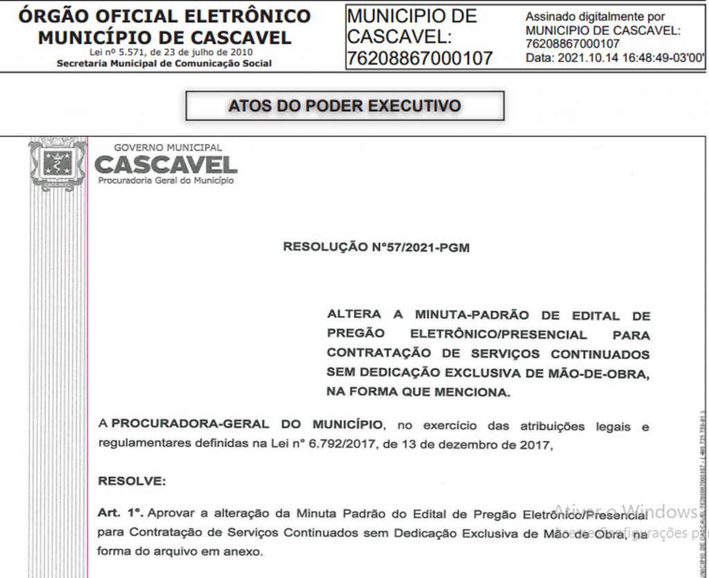 Município altera minuta padrão do edital do pregão eletrônico para contratação de serviços continuados