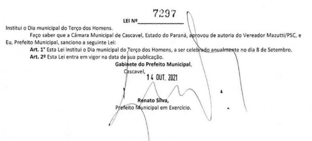 Em Cascavel foi aprovada lei do Dia Municipal do Terço dos Homens