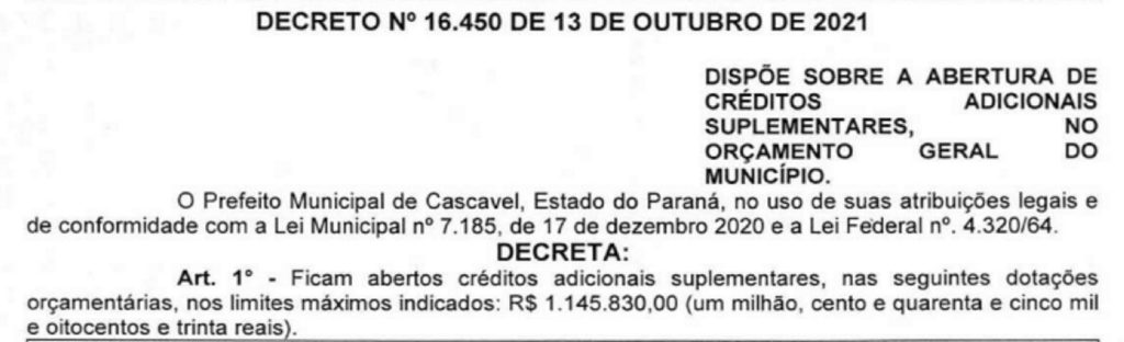 Prefeitura de Cascavel dispõe créditos adicionais de um milhão de reais para saúde, agricultura e assistência social