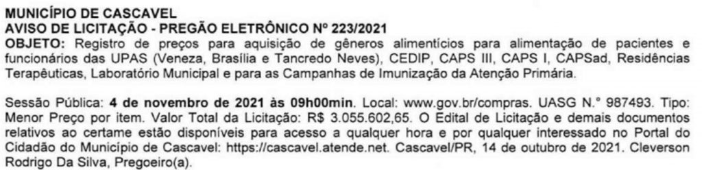 Secretaria de Saúde abre licitação para compra de alimentos