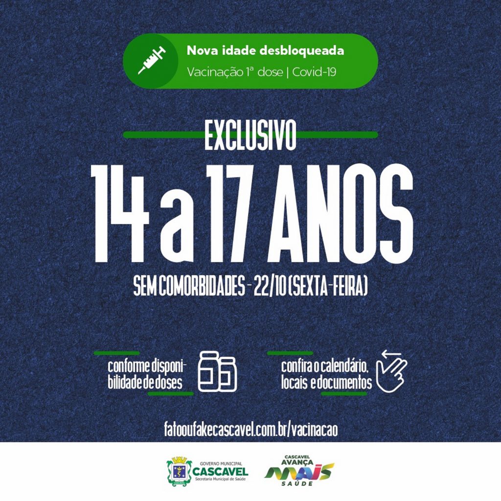 14 a 17 anos: Cascavel retoma vacinação para adolescentes nesta sexta-feira