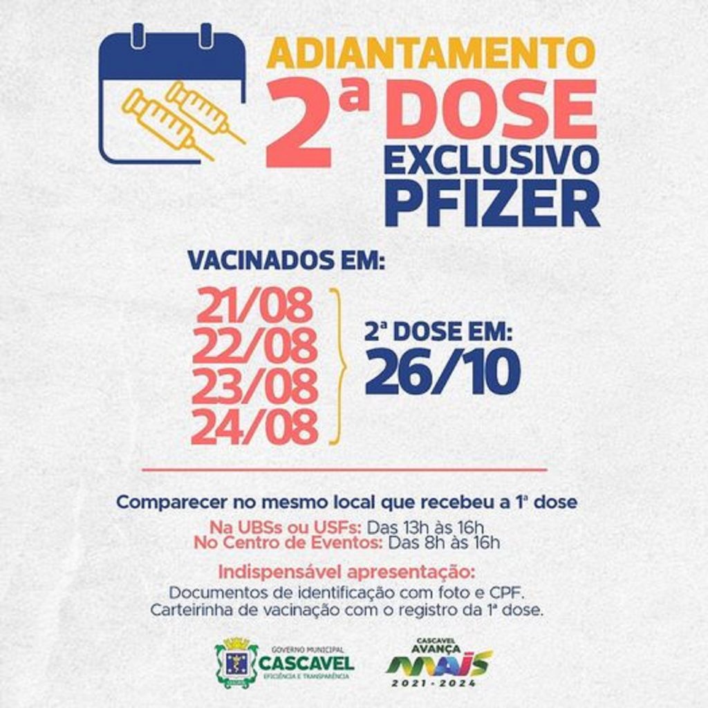 Covid-19: Prefeitura promove antecipação de 2ª dose da vacina para quem recebeu a 1ª no dias 21, 22, 23 e 24 de agosto