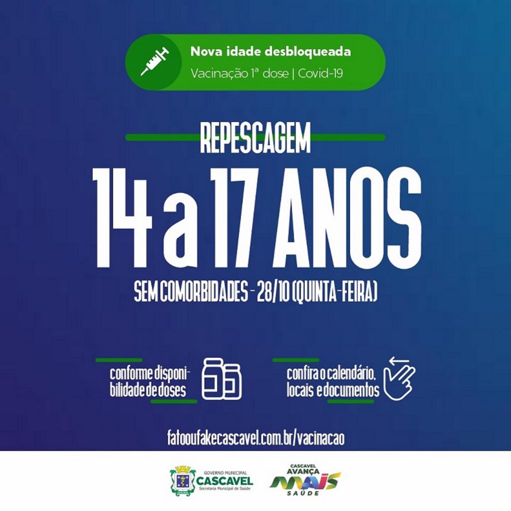 Vacinação: Saúde abre repescagem para adolescentes de 14 a 17 anos na quinta-feira