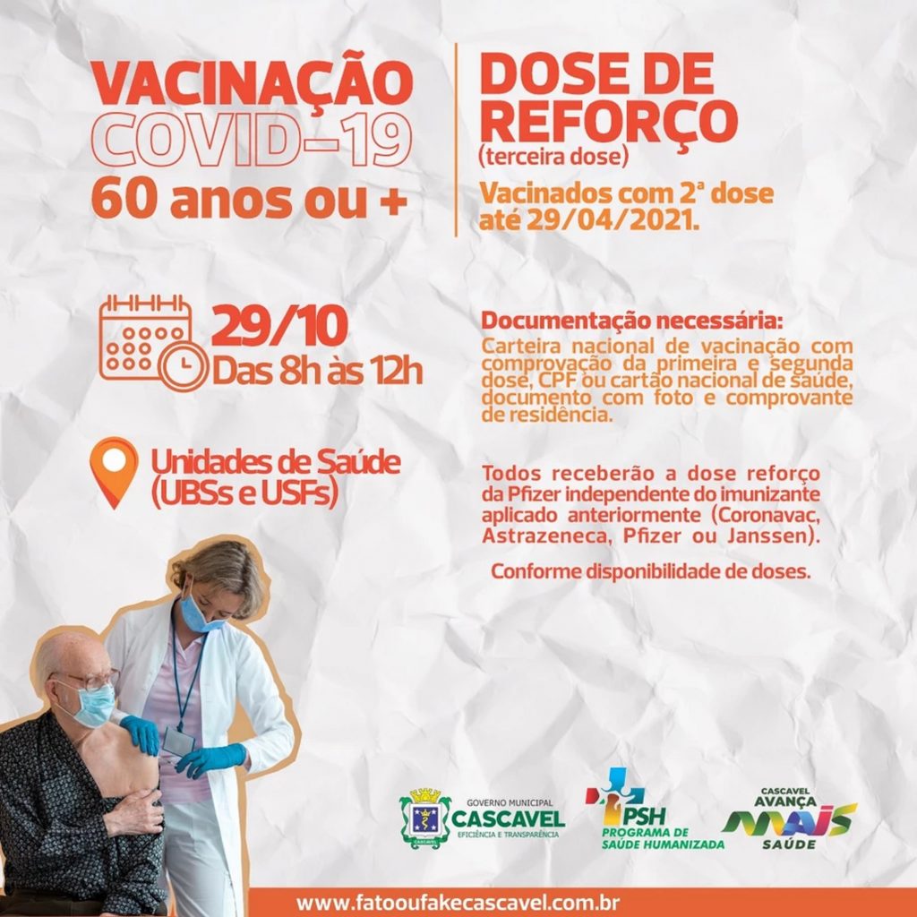 Dose de reforço: Saúde vacina idosos com 60 anos ou mais nesta sexta-feira