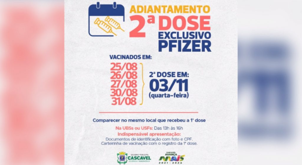 Covid: quem tomou a 1ª dose entre os dias 25 e 31 de agosto pode receber a 2ª amanhã; doses exclusivamente da Pfizer