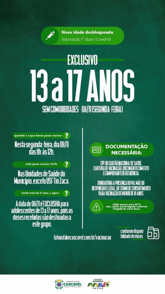 Cascavel vacina adolescentes de 13 a 17 anos na segunda-feira