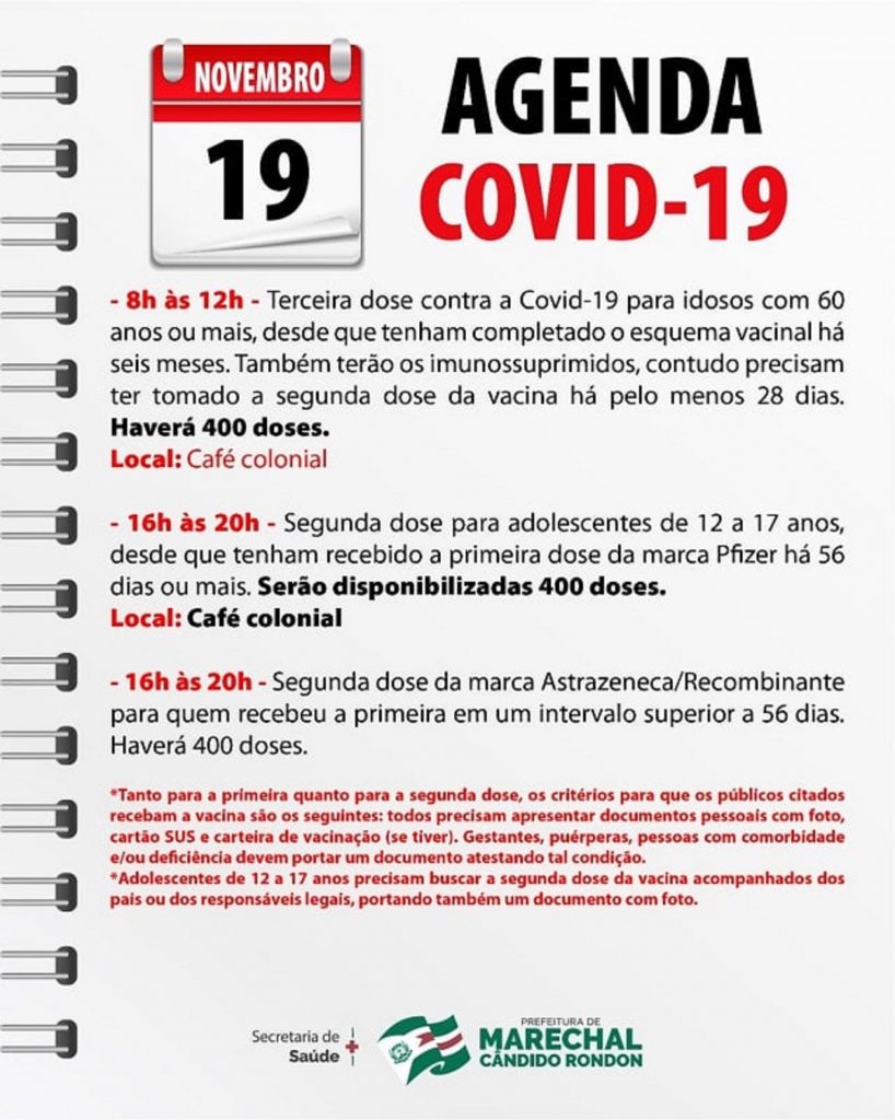 Confira a agenda de aplicação de imunizantes contra a Covid-19 em Marechal nesta sexta-feira