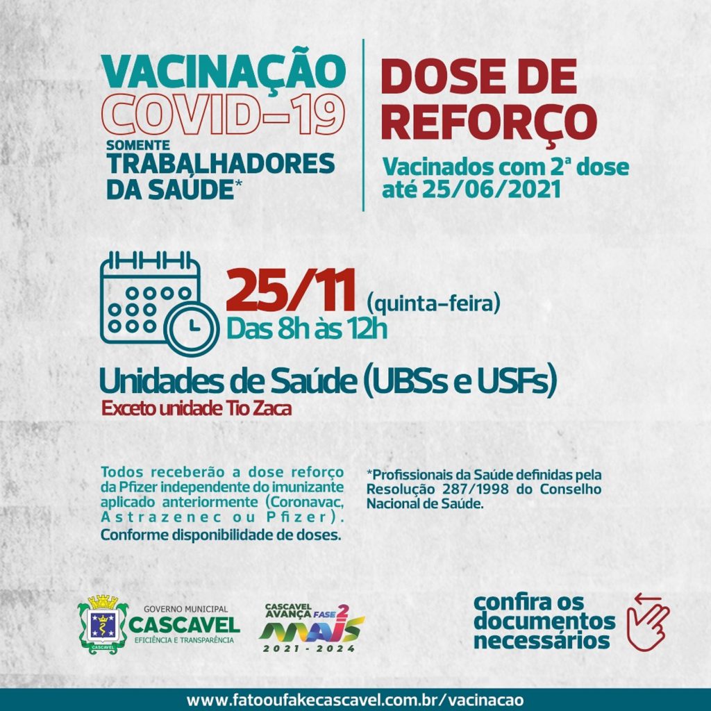 Profissionais de Saúde que receberam segunda dose da vacina contra covid-19 até o dia 25 de junho, devem receber dose de reforço