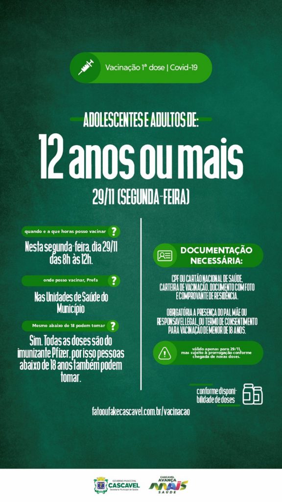 Vacinação Covid-19: adolescentes e adultos poderão tomar a 1ª dose segunda-feira