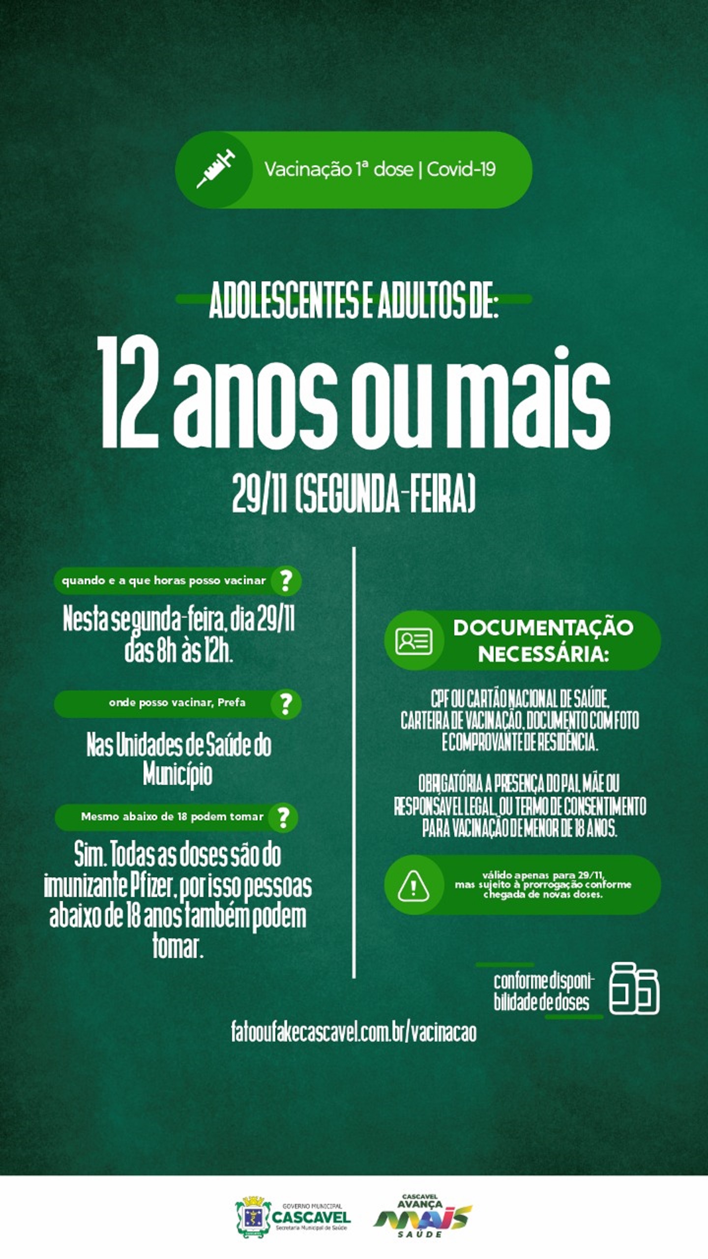 Vacinação Covid-19: adolescentes e adultos poderão tomar a 1ª dose segunda-feira