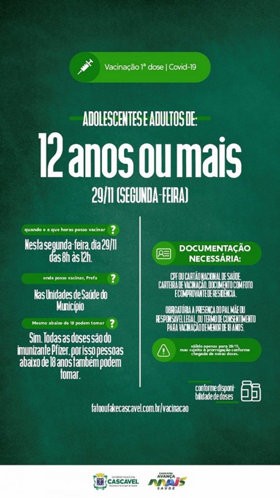 Programe-se: amanhã tem vacinação de primeira dose para adolescentes e adultos