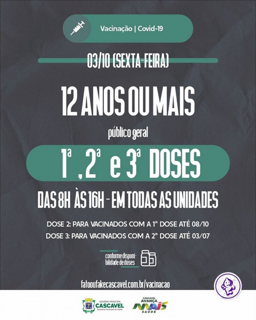 Cascavel segue a vacinação para pessoas com 12 anos ou mais e faz repescagem da segunda dose