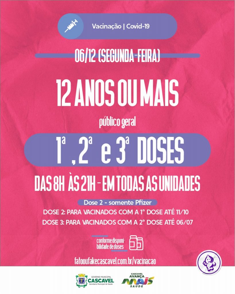 Covid: Prefeitura abre vacinação para pessoas com 12 anos ou mais na segunda-feira, dia 6