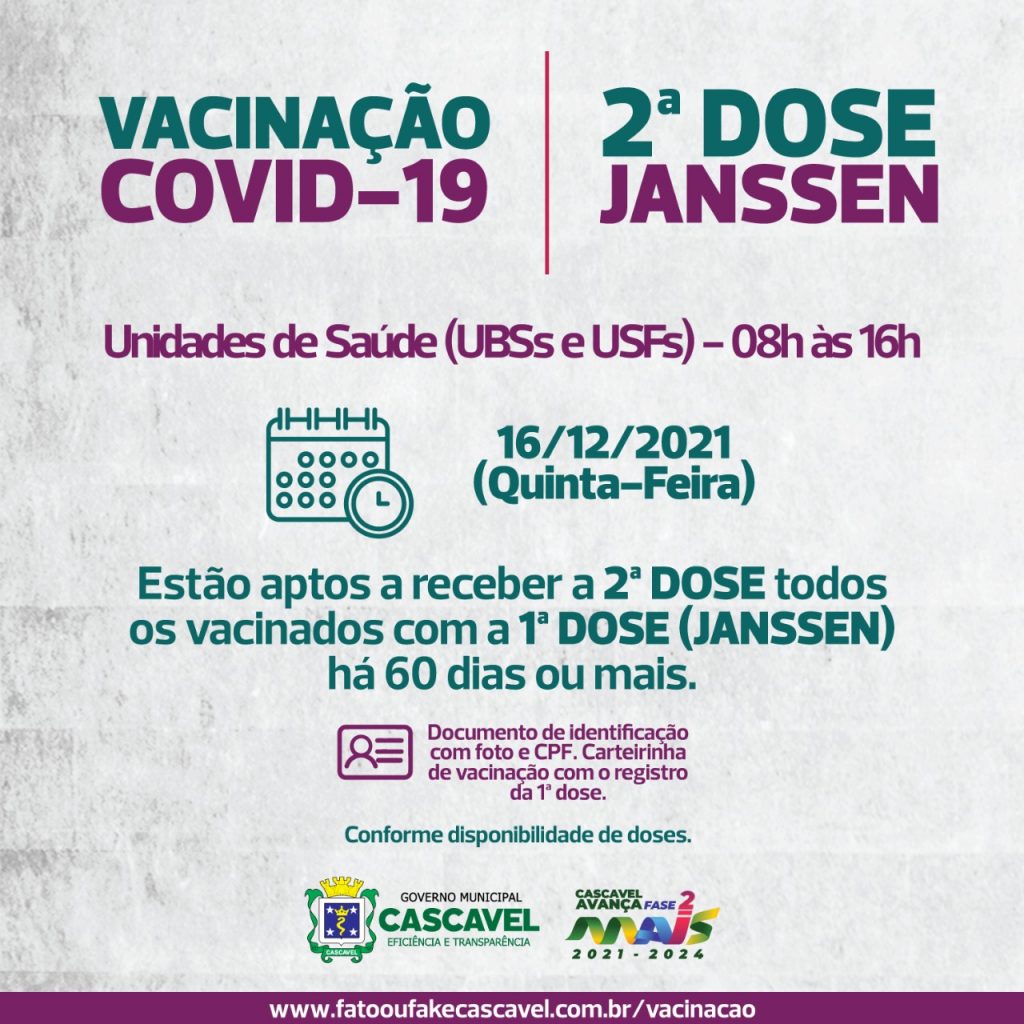 Aplicações de 2ª dose da Janssen serão realizadas nesta quinta-feira das 8h às 16h