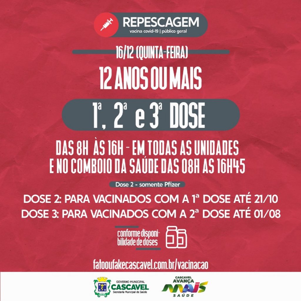 Repescagem: vacinação contra a Covid para público geral será realizada nesta quinta-feira