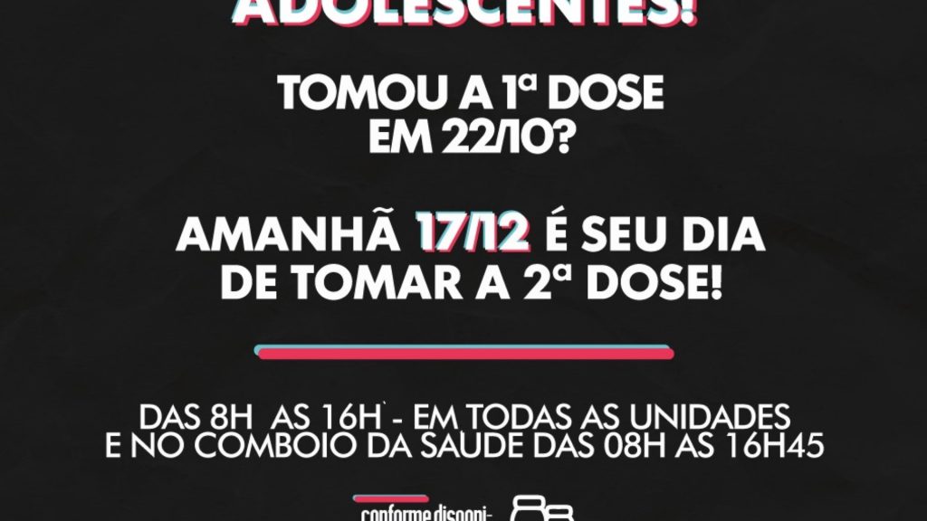 PMI convoca para a 2ª dose adolescentes vacinados em 22 de outubro