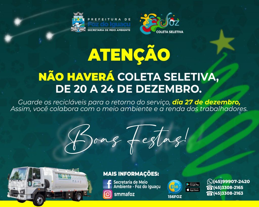 Serviço da coleta seletiva ficará suspenso entre os dias 20 a 24 de dezembro