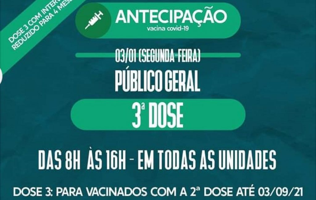 Covid-19: 3ª dose da vacina para público geral estará disponível nesta segunda-feira (3)