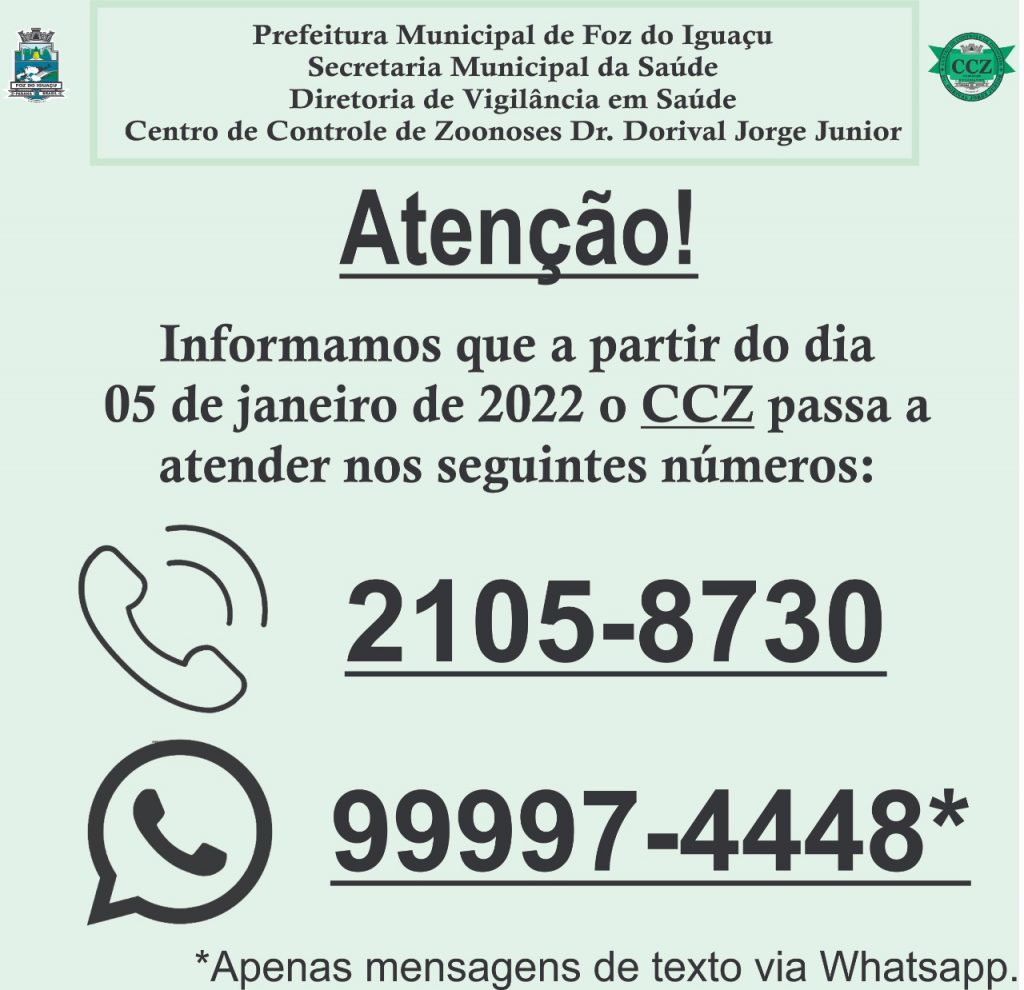 Central de Atendimento do Centro de Controle de Zoonoses (CCZ) tem novo número de contato