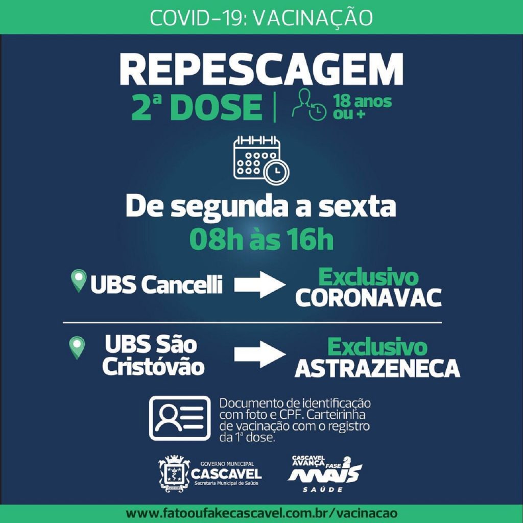 Covid-19: Cancelli e do São Cristóvão seguem com 2ª dose de Coronavac e Astrazeneca