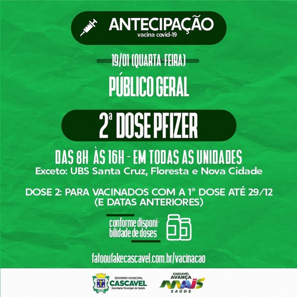 Cascavel antecipa 2ª dose da Pfizer nesta quarta-feira
